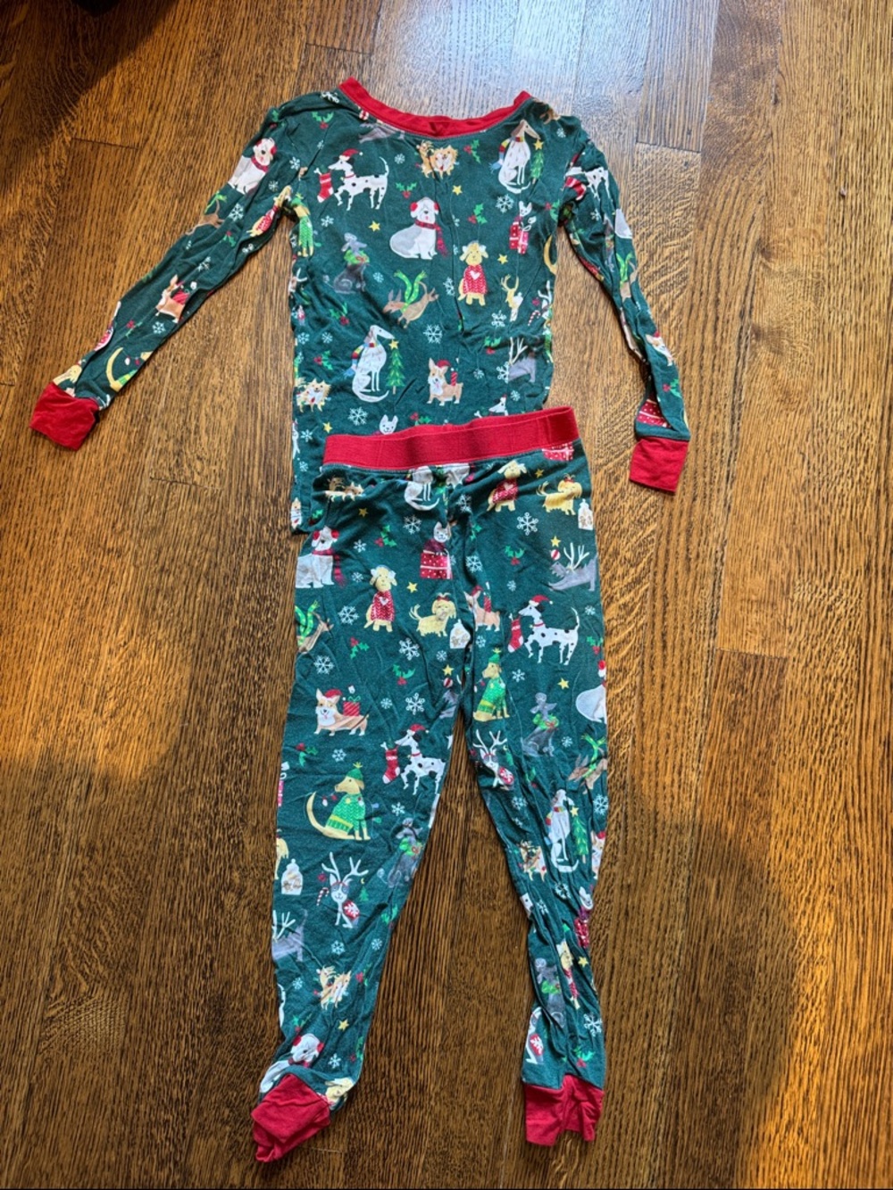 Green Holiday Animal Print Pajama Set with Red Trim Little Sleepies